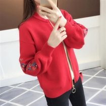 2021秋季新款针织开衫毛衣女短款宽松韩版外搭刺绣棒球服bf风外套(红色 XL)