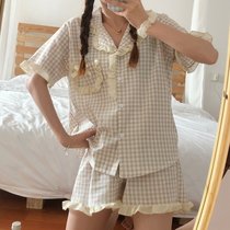SUNTEK2022年夏季韩国睡衣女夏天薄款短袖短裤两件套装可外穿家居服(淡雅杏色 #MYW-花边格子)