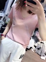 SUNTEK白色短袖t恤女夏装2022新款ins潮v领t桖短款韩版女装宽松体恤(3XL 粉色V领)