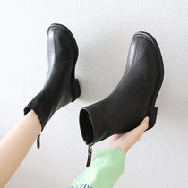 SUNTEK瘦瘦靴短靴女2021年新款方头靴子女春秋季鞋子中跟气质短筒加绒冬(38 黑色)