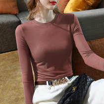 MISS LISA莫代尔t恤时尚圆领薄款长袖打底衫纯色弹力内搭上衣J1D2213(桃红色 L)