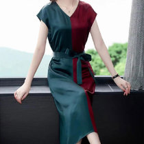 百搭拼色V领绸缎柔软丝滑垂感十足长款高级感连衣裙(绿色红色拼接 XL)