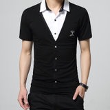 NAKECY夏季男士短袖T恤 韩版青年修身半袖衬衫领假两件体恤衫大码上衣潮(黑色 M)
