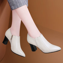 女士皮鞋真皮职业粗跟妈妈单鞋2022年新款春季深口黑色软皮高跟鞋(41 米色/9603(跟高6.5cm))