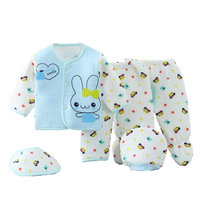 新生儿保暖内衣春秋款套装0-3个月婴儿夹棉封裆宝宝五件套 59cm(蓝色 59cm（建议53-59cm身高）)