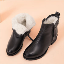 SUNTEK冬季妈妈鞋软底中跟粗跟女士中年加绒保暖短靴女中老年人皮鞋(35 黑色)