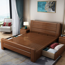 吉木多 胡桃木现代中式实木床1.8米双人床 高箱主卧婚床新中式1.5m储物床(1.5*2米胡桃色 床+床垫+床头柜*1)