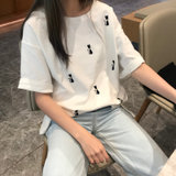 2019新款夏装t恤女短袖圆领套头韩版学生宽松卡通印花半袖上衣女(321白色 M)