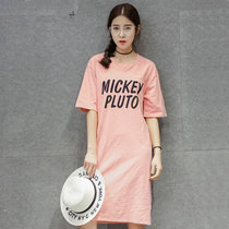 韩版夏装卡通长款短袖T恤裙大码宽松过膝加长连衣裙半袖(粉红色 L)