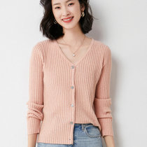2021秋冬季新款女士V领针织坑条羊毛开衫时尚百搭洋气外套上衣(粉色 XL)