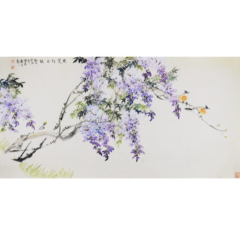 姜晓英 紫紫到白头> 国画 花鸟画 水墨写意 古月轩主人 紫藤 鸟 横幅