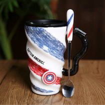 杯子男陶瓷陶瓷咖啡杯带盖勺韩式大容量创意办公室男女生个性马克杯杯子喝水复古(蓝红色 加盖 加勺 加杯刷)