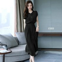 雪纺连衣裙夏季2021新款修身长款气质长裙很仙的法国小众流行裙子(黑色 XL)