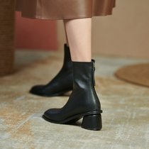 SUNTEK羊皮中跟女靴子2021秋冬季新款女鞋百搭米白色粗跟圆头小短靴(35 黑色（绒里）)