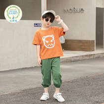 比得兔 男童夏装套装2021新款韩版洋气中大儿童夏季短袖两件套潮(130 桔色)