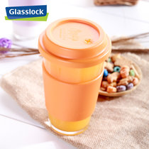 韩国Glasslock原装进口玻璃办公家用带把手带盖情侣儿童茶水牛奶杯(橘红色500ml无把手)