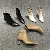 SUNTEK欧洲站女鞋2021秋冬新款欧货尖头细跟后拉链性感高跟时尚短靴(39 卡其色（绒里）)