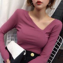 MISS LISA斜领上衣修身显瘦性感设计感锁骨v领t恤j6189(豆沙色 XXL)