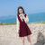 2018秋装新款韩版女装修身显瘦长袖丝绒背带两件套连衣裙套装裙子(酒红色)(L)