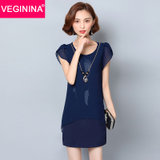 VEGININA 时尚OL假两件显瘦拼接连衣裙 9545(蓝色 3XL)