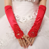 婚纱手套长款红色新娘礼服短款白色旗袍配件蕾丝结婚秋冬季包指  均码(均码)(红色珍珠露指手套)