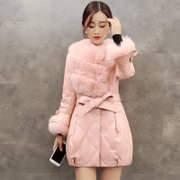 莉妮吉尔2016冬季新款韩版时尚大毛领女装PU皮修身中长款羽绒服外套显瘦(粉红色 XL)