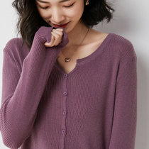 早秋新款女士V领针织羊毛衫时尚百搭小开口开衫外套洋气坑条上衣(紫色 XL)
