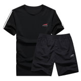 运动套装男式夏季休闲跑步健身短袖短裤 吸湿速干t恤五分裤运动服 LTZ01(黑色 M)