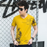 左岸男装 男士夏季V领短袖T恤韩版修身青少年时尚休闲半袖打底衫(黄色 M)