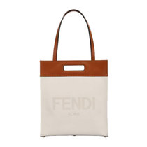 FENDI男士米色帆布棕色小牛皮logo印花手提包拼色 时尚百搭