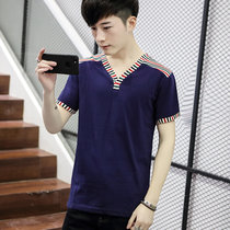 左岸男装 夏季新款男短袖T恤V领纯色青少年韩版修身半袖打底衫(宝蓝 XXXL)