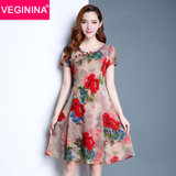 VEGININA 中国风印花旗袍改良大码短袖连衣裙 9800(红色 3XL)
