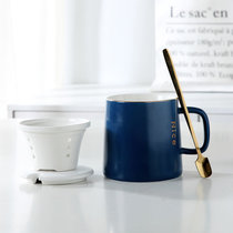6款创意简约马克杯带盖带过滤办公室泡花茶水杯家用陶瓷男女情侣杯子(蓝砂 杯（英文）+盖（有空）+过滤+勺子)