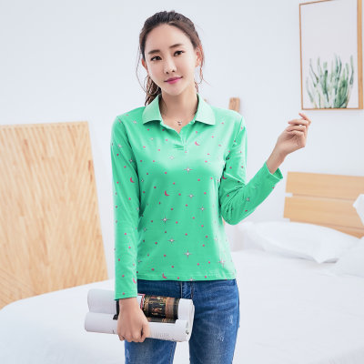 【中年女秋装带领有领条纹长袖T恤女秋衣外穿