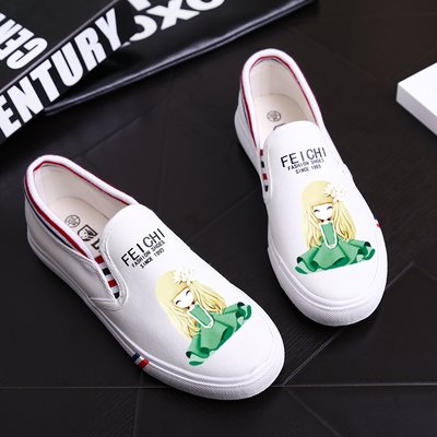 【简约大童一脚蹬懒人涂鸦小白鞋女休闲黑色帆