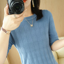 新款提花短袖针织衫女士圆领套头半袖毛衣短款宽松T恤衫打底上衣(蓝色 L)
