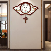 汉时（Hense)新中式创意木质扇形装饰挂钟中国风电波机芯自动校时静音摆钟HP05(富贵花开电波机芯-中号)
