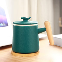 办公马克杯 陶瓷带盖大容量家用水杯个人过滤泡茶杯茶水分离(孔雀绿)