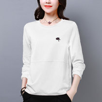SUNTEK中年妈妈秋装洋气打底衫女大码女装新款韩版显瘦减龄长袖T恤上衣(L 100-120斤 白色)