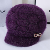 冬季新款中老年帽子女针织毛线帽女士加绒保暖护耳帽子妈妈奶奶帽(灯笼帽紫色 有弹力)