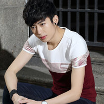 左岸男装圆领短袖T恤韩版修身青少年加大码纯棉半袖T恤衫潮(上白下红 5XL)