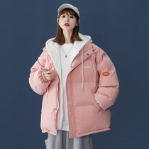 假两件设计卫衣帽棉衣新款2021女冬季棉服女冬季外套韩版宽松棉袄女冬中长款潮(黑色 XL)