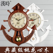 汉时（Hense） 欧式创意船舵实木挂钟客厅复古装饰静音时钟HP39(棕色中号-日本丽声机芯)