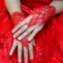 韩式蕾丝新娘手套婚纱礼服短款手腕蕾丝镶钻露指薄款结婚配件  均码(均码)(红色)