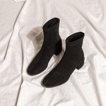 SUNTEK靴子女2021春秋单靴中跟粗跟弹力瘦瘦靴马丁靴女鞋新款冬季短靴女(41 黑色（加绒）)