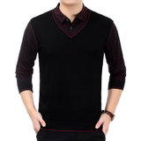 中年男士长袖t恤 冬季保暖加绒加厚中老年男装假两件爸爸装针织衫98185-yongxin49(红色 175)