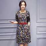 莉妮吉尔2016秋装新款韩版修身长袖裙子女装春秋款中长款印花连衣裙(花色 XL)