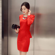 莉妮吉尔2016新款春秋装韩版圆领长袖连衣裙女中裙时尚修身显瘦一步裙裙子(红色 XL)
