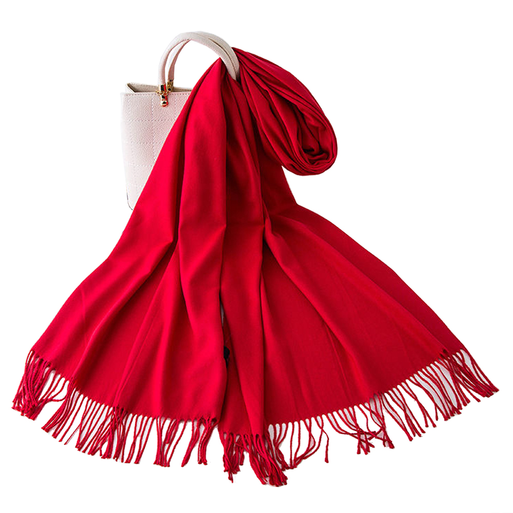 冬季新款女士保暖纯色仿羊绒围巾欧美流苏加长加厚围巾披肩(红色)