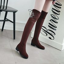 2017时尚磨砂绒面水钻后系带低跟方跟圆头女士过膝长筒靴高筒靴(39)(黑色)